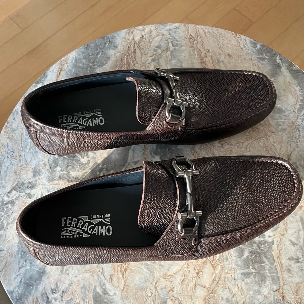 Brown Ferragamo driving moccasin